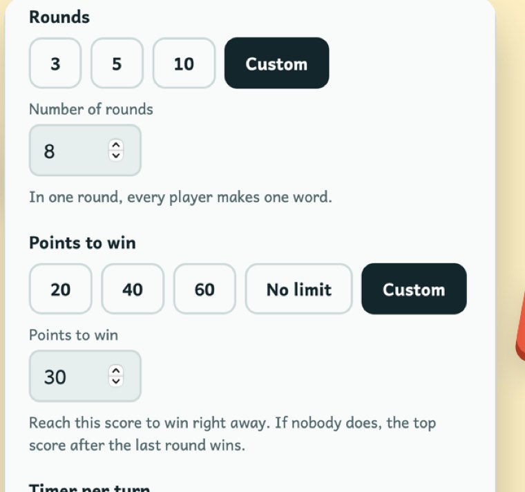 Set up the game — players, rounds, points, timer and level
