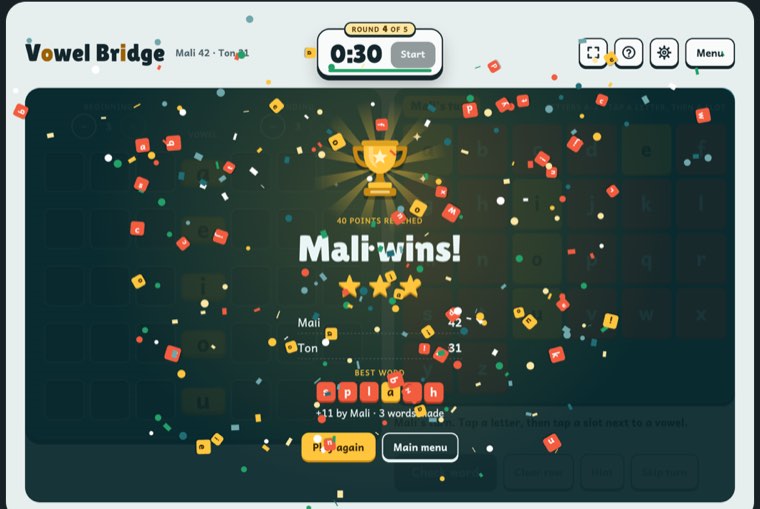 Finished — trophy, stars, scores and the best word of the game