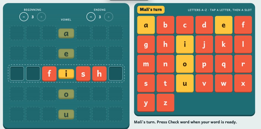 Playing — tap a letter, then a slot beside the vowel